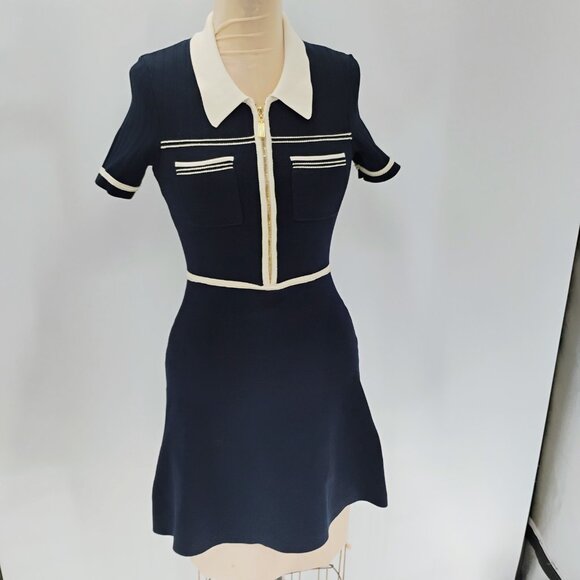 Sandro Two Tone Knit Dress Size 38 in Ecru/Marine - Picture 4 of 16